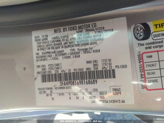 2009 FORD FUSION SEL VIN: 3FAHP08169R168689