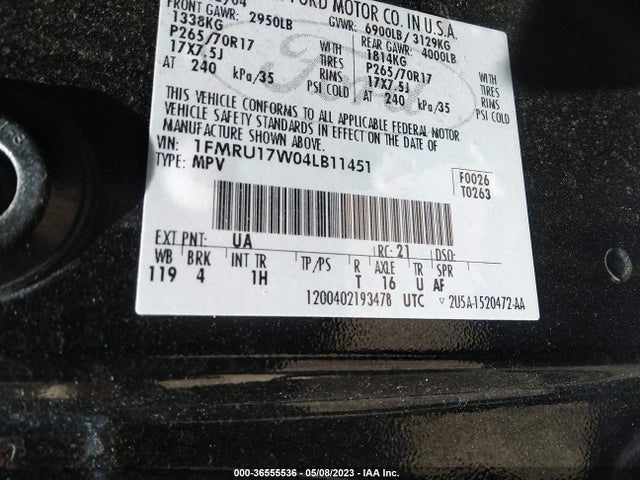 2004 FORD EXPEDITION EDDIE BAUER VIN: 1FMRU17W04LB11451