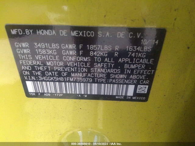 2015 HONDA FIT EX-L/EX VIN: 3HGGK5H81FM735979