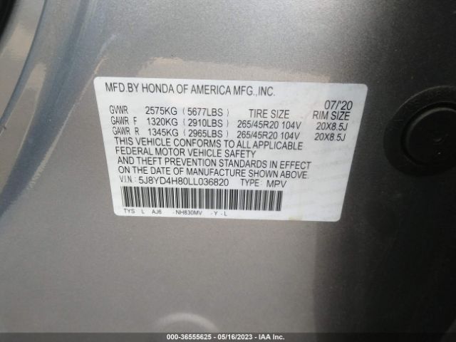 5J8YD4H80LL036820 Acura Mdx W/advance Pkg