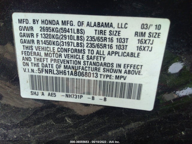 2010 HONDA ODYSSEY EX-L VIN: 5FNRL3H61AB068013
