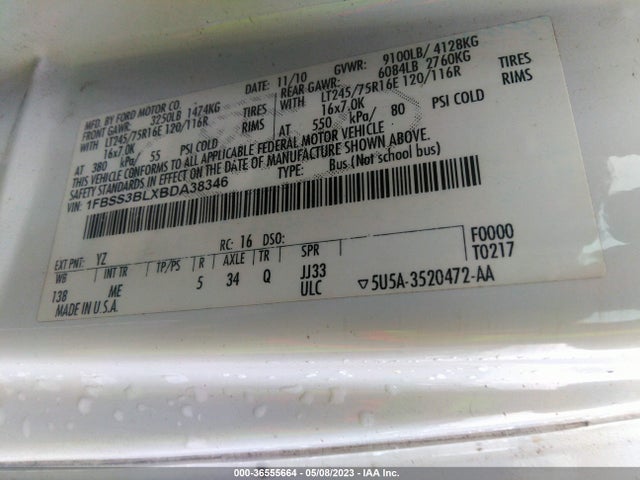 2011 FORD ECONOLINE WAGON XL/XLT VIN: 1FBSS3BLXBDA38346