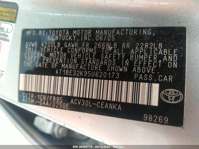 2005 TOYOTA CAMRY STD/LE/SE/XLE VIN: 4T1BE32K95U620173