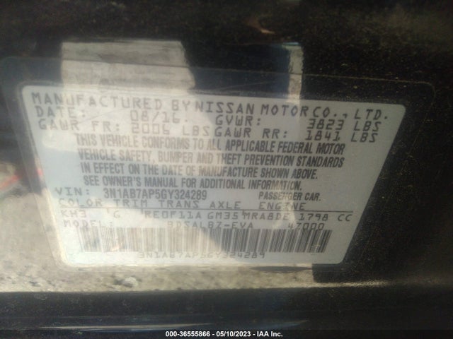 2016 NISSAN SENTRA S VIN: 3N1AB7AP5GY324289