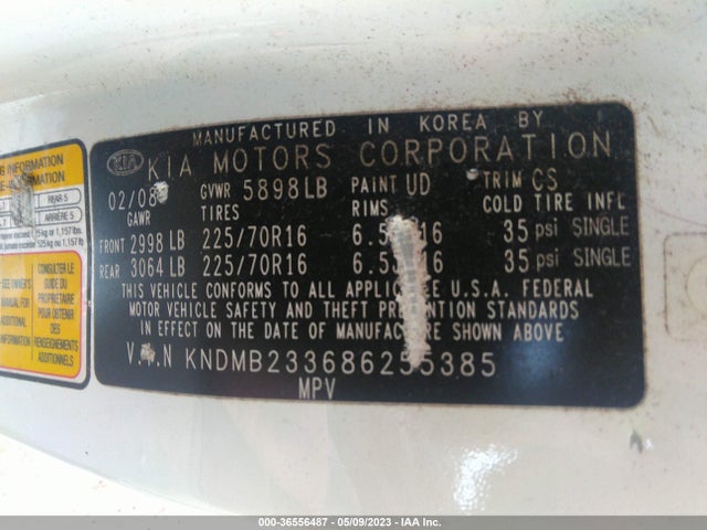 2008 KIA SEDONA LX VIN: KNDMB233686255385