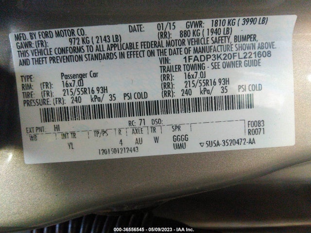 Ford FOCUS SE 2015 1FADP3K20FL221608 Image 10
