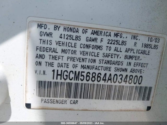 2004 HONDA ACCORD SDN EX VIN: 1HGCM56864A034800