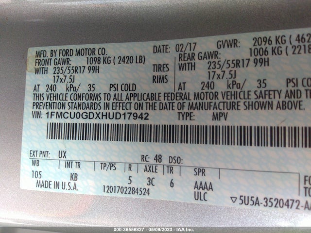 2017 FORD ESCAPE SE VIN: 1FMCU0GDXHUD17942