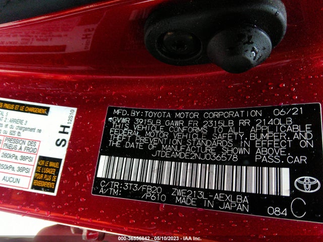 Aukcja sprzedaży 2022 Toyota Corolla Hybrid Le, vin: JTDEAMDE2NJ036578, numer aukcji: 36556842