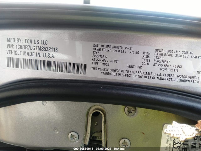 2021 RAM 1500 CLASSIC SLT VIN: 1C6RR7LG7MS532118