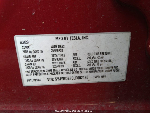5YJYGDEF3LF002186 Tesla Model Y Long Range/performance
