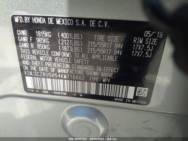 Honda HR-V EX 2019 3CZRU5H54KM716662 Image 10