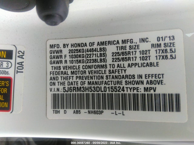 2013 HONDA CR-V EX VIN: 5J6RM3H53DL015524