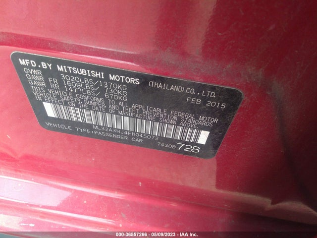 2015 MITSUBISHI MIRAGE DE VIN: ML32A3HJ4FH045072