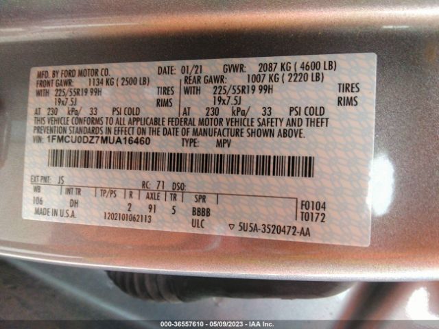 1FMCU0DZ7MUA16460 Ford Escape Titanium Hybrid