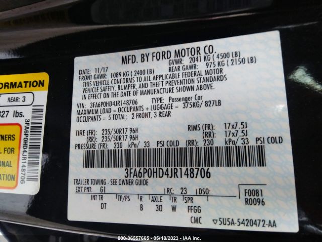 3FA6P0HD4JR148706 Ford FUSION SE