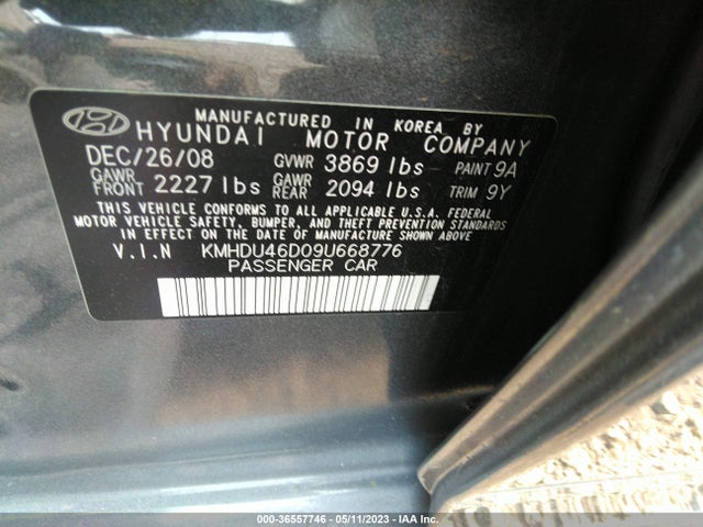 2009 HYUNDAI ELANTRA GLS VIN: KMHDU46D09U668776