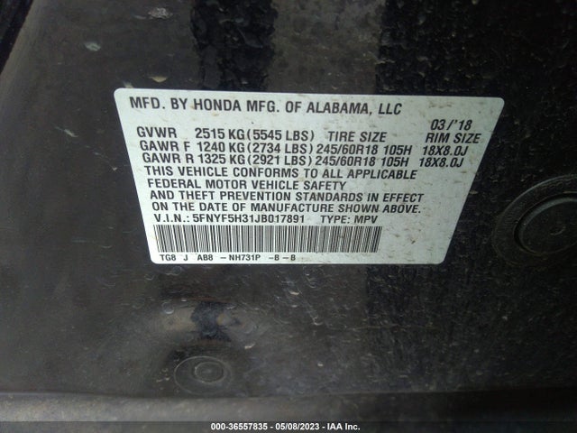 Honda Pilot Ex 2018 5FNYF5H31JB017891 Image 10