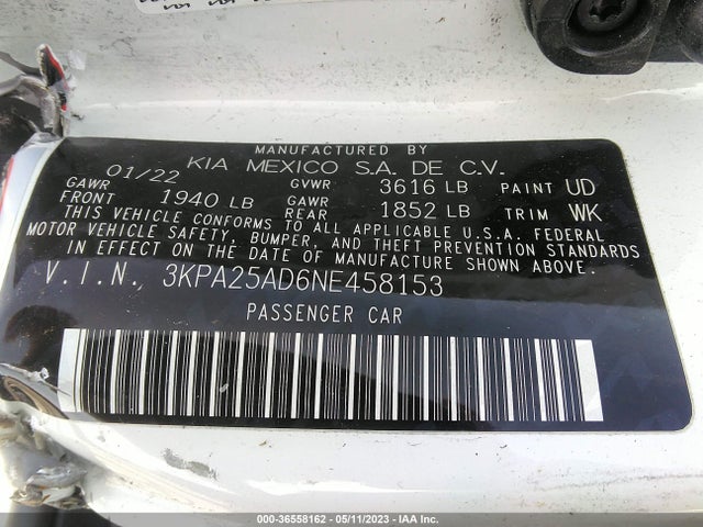2022 KIA RIO 5-DOOR S VIN: 3KPA25AD6NE458153