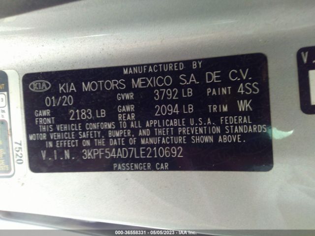 3KPF54AD7LE210692 KIA FORTE EX