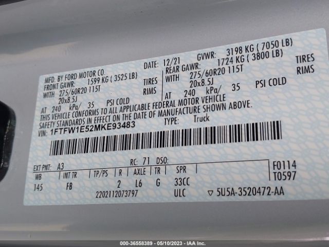 1FTFW1E52MKE93483 Ford F-150 Xl/xlt/lariat