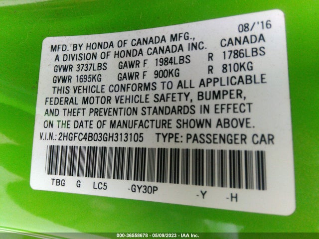 Honda Civic Coupe Lx-p 2016 2HGFC4B03GH313105 Image 11