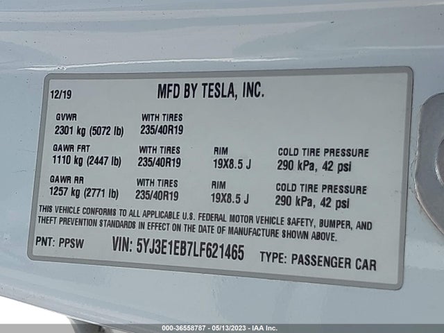 Tesla Model 3 Long Range 2020 5YJ3E1EB7LF621465 Image 10