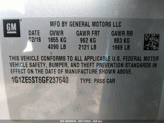 2016 CHEVROLET MALIBU LT VIN: 1G1ZE5ST6GF237640