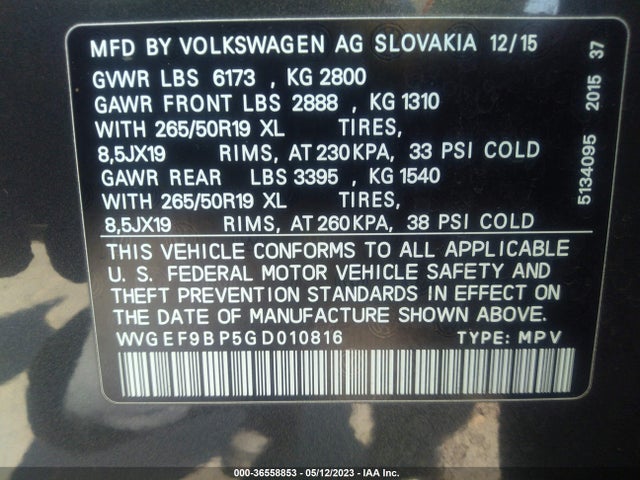 2016 Volkswagen Touareg, VIN: WVGEF9BP5GD010816