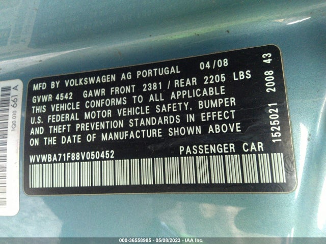2008 VOLKSWAGEN EOS TURBO VIN: WVWBA71F88V050452