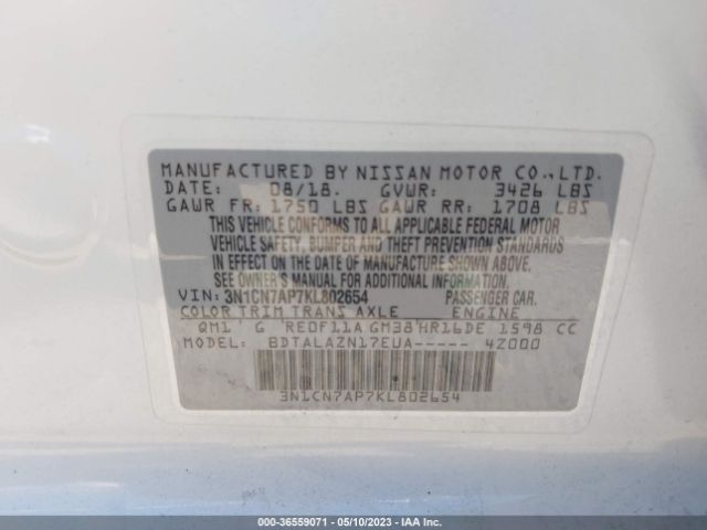 3N1CN7AP7KL802654 Nissan Versa Sedan S Plus