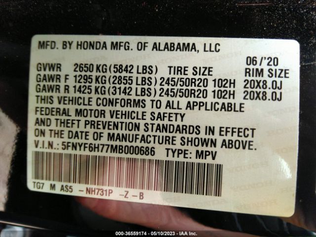 5FNYF6H77MB000686 Honda Pilot Black Edition