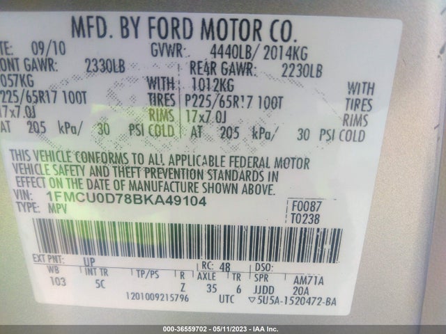 2011 FORD ESCAPE XLT VIN: 1FMCU0D78BKA49104