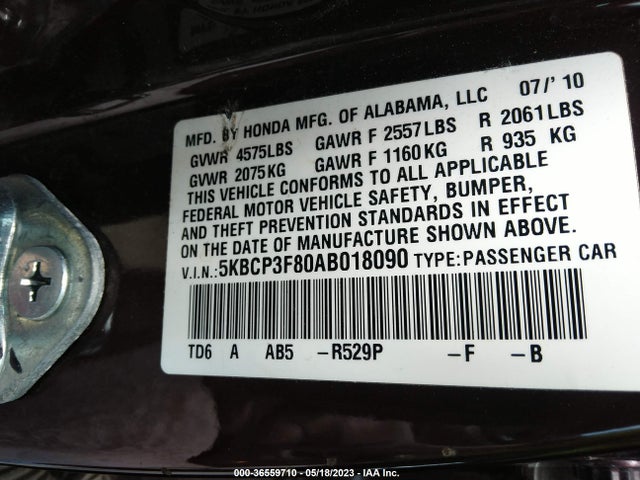 2010 HONDA ACCORD SDN EX-L VIN: 5KBCP3F80AB018090
