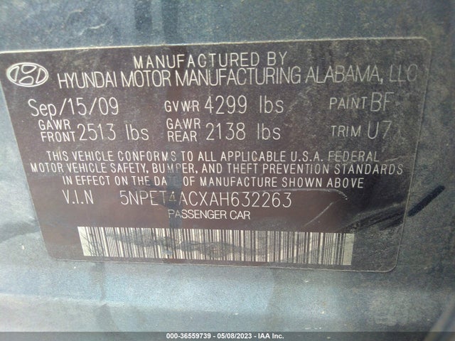 2010 HYUNDAI SONATA GLS VIN: 5NPET4ACXAH632263