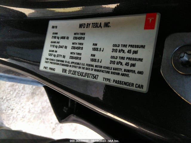 Tesla Model 3 Range Battery 2018 5YJ3E1EAXJF077547 Image 10
