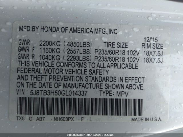 5J8TB3H50GL014337 Acura Rdx Tech Pkg/tech