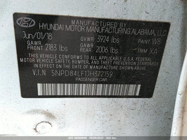 2018 HYUNDAI ELANTRA SEL VIN: 5NPD84LF1JH372159