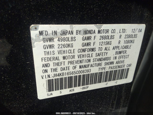 2005 ACURA RL VIN: JH4KB16565C008393