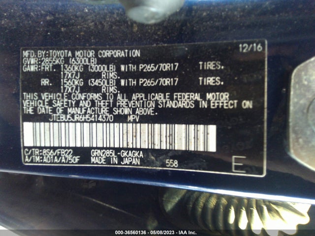 Toyota 4RUNNER SR5 2017 JTEBU5JR6H5414370 Image 10