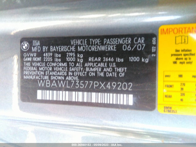 2007 BMW 3 SERIES 335I VIN: WBAWL73577PX49202