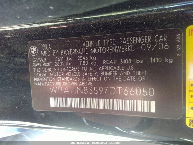 2007 BMW 7 SERIES 750LI VIN: WBAHN83597DT66050