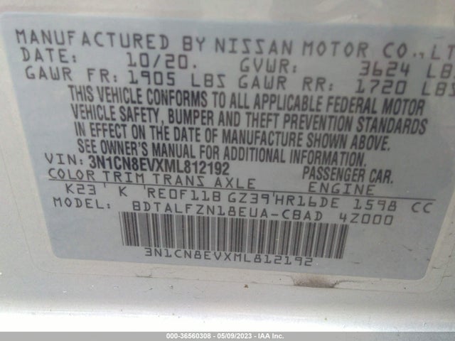 Nissan VERSA SV 2021 3N1CN8EVXML812192 Image 9