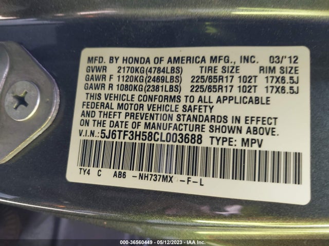 2012 HONDA CROSSTOUR EX-L VIN: 5J6TF3H58CL003688