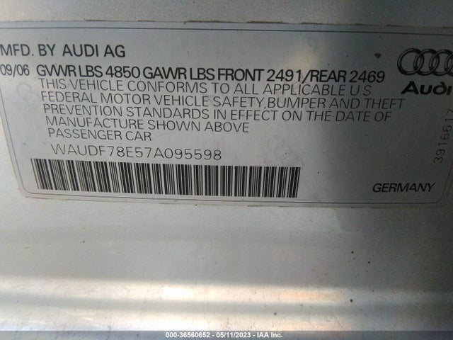 2007 AUDI A4 2.0T VIN: WAUDF78E57A095598
