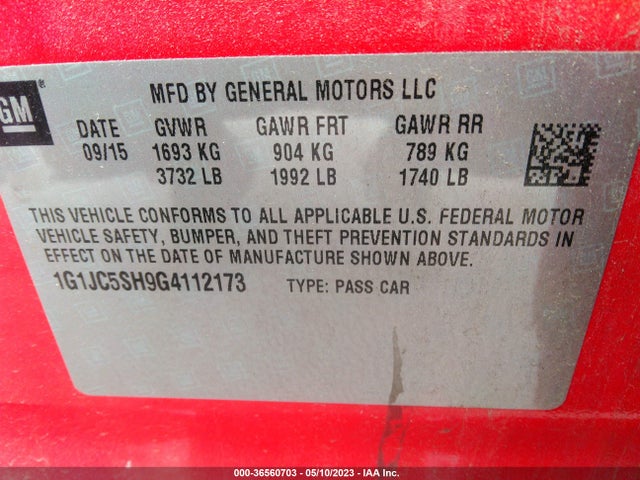 Chevrolet SONIC LT 2016 1G1JC5SH9G4112173 Image 10