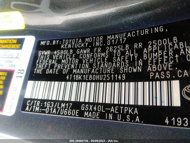 2017 TOYOTA AVALON XLE/XLE PLUS VIN: 4T1BK1EB0HU251149