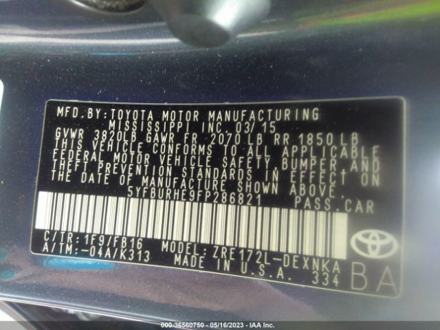 5YFBURHE9FP286821 Toyota COROLLA LE