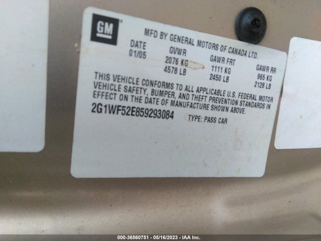 2005 CHEVROLET IMPALA BASE VIN: 2G1WF52E859293084