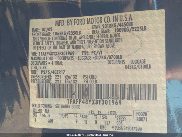 2003 FORD MUSTANG SVT COBRA VIN: 1FAFP48YX3F301969